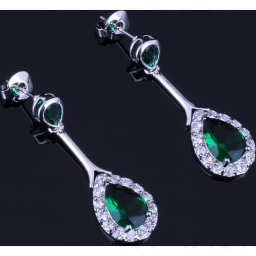 Smooth Water Drop Green Cubic Zirconia White CZ Silver Plated Drop Dangle Earrings V0725
