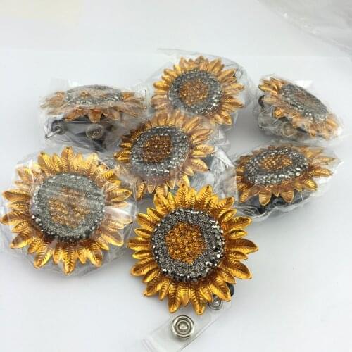 Rhinestone sunflower Retractable Badge Reel/ Bling ID Badge Holder