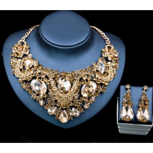 Lan palace costume jewelry necklace sets gold color dubai Rhinestone necklace and earrings for wedding six colors free shipping