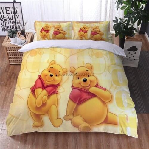 Cute Disney Winnie The Pooh Bear Cartoon Bedding Set Adult Children Queen King Size Duvet Cover Pillowcases Comforter Cover Sets