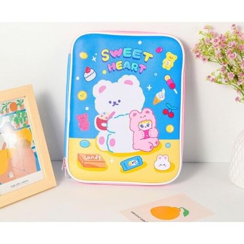 Q1QA Korean Cartoon Laptop Faux Leather Sleeve Carrying Case Tablet Cover Pouch Zipper Bag 9.7-11 Inch Notebook Organizer