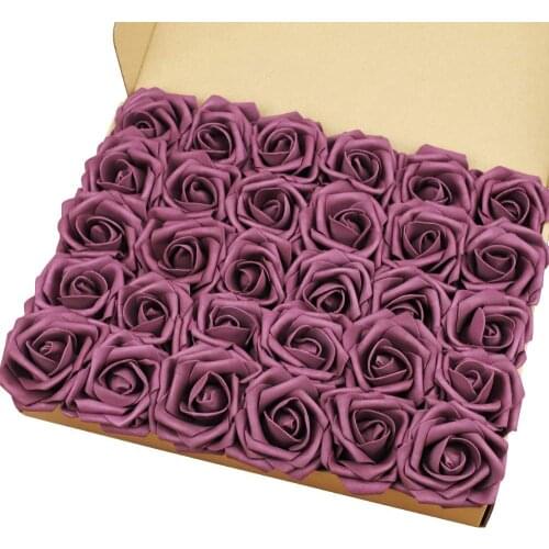 MACTING Artificial Flowers Roses, 30pcs Real Touch Artificial Foam Roses with Stems for Wedding, Home Decor, Plum Purple