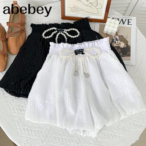 Fashion versatile solid Shorts pearl bow Sequin decoration elastic waist high waist short lantern Shorts 2021 New Summer