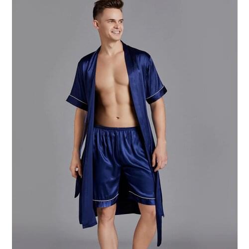 Mens bathrobe Men Silk Robes Set Stain Male Pajamas Navy Sleepwear Robes Pants Set for Men Sexy Robe Short Sleeve Homewear