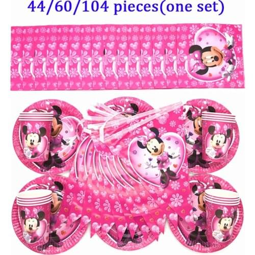 Minnie Birthday Party Theme Pink Disposable Cup Plate Napkin Flags Tableware Set Girl Favor Minnie Mouse Party Supplies Decorate