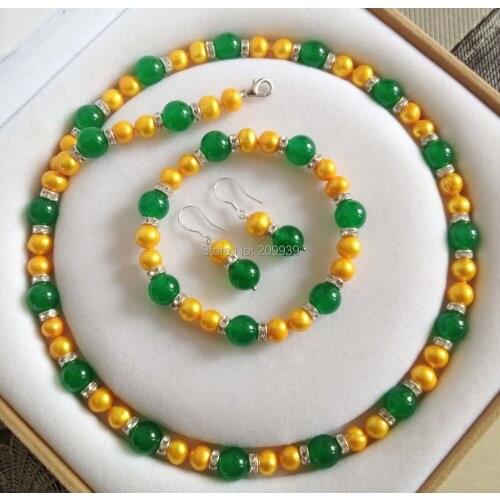 New!Golden Akoya Cultured Pearl/Green Jade necklace Bracelet Earrings Set