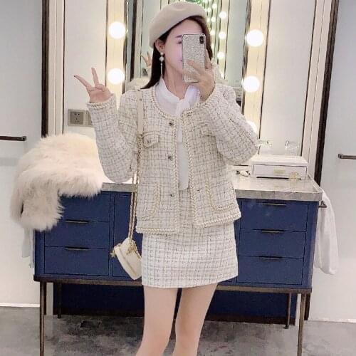 YUZACDWX England Style Autumn 2 Piece Set Women Short Woolen Tweed Jacket Coat & Bodycon Mini Skirt Set Women Two Piece Outfits