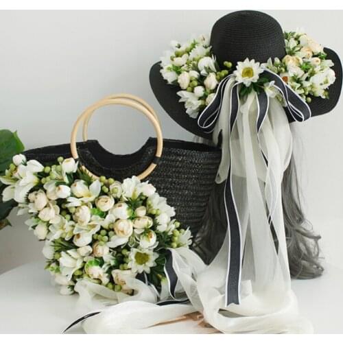 High quality handmade floral floral straw hat French wedding dress style top hat lady beach vacation suntan straw hat