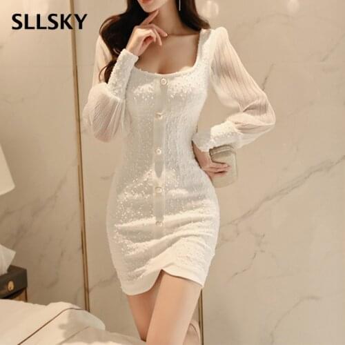 SLLSKY Sexy Elegant Mesh Patchwork Women Dress Female Sheath Bodycon Short Dress Square Collar Mini Pencil Vestidos Dresses