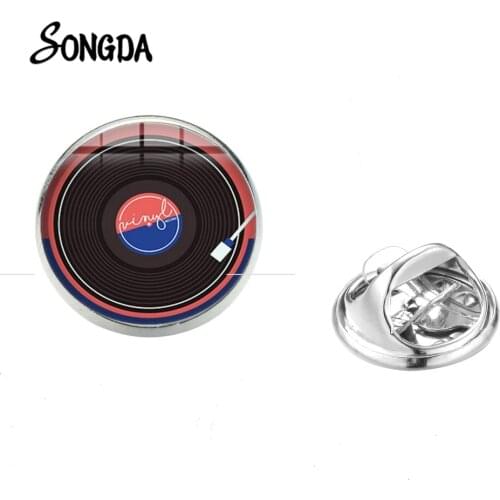 Vinyl Record Player Pins Vintage Record Glass Dome Photo Music Lover Badge Stainless Steel Brooches Clothing Accessories