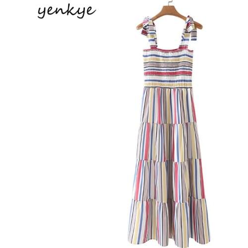YENKYE Sweet Women Multicolor Striped Sling Long Dress Sexy Sleeveless Tie Shoulder Elegant Holiday Dress Summer Vestido
