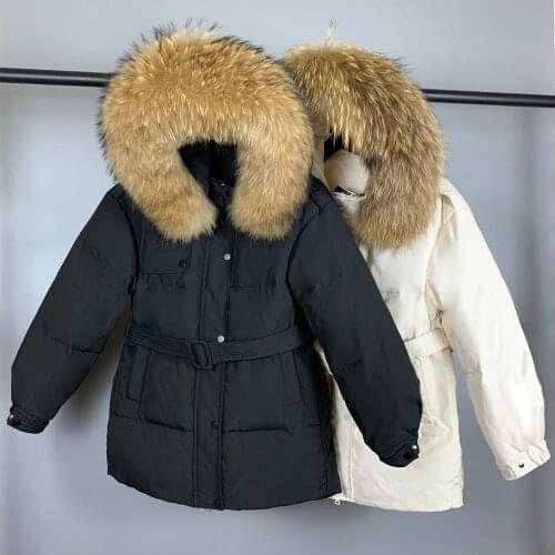 2021 Winter Jacket Women Large Natural Fur White Duck Down Coat Thick Parkas Warm Sash Tie Up Zipper Down Snow Outerwear