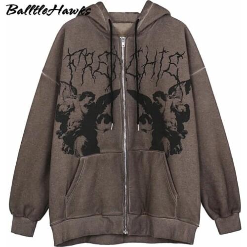 Y2K Tops E-Girl Punk Womens Streetwear Hooded Jacket Angel Dark Print Jacket Coat Harajuku Cotton Jacket Coat Zipper