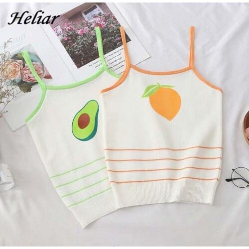 HELIAR Spaghetti oles 2019 Summer Female Knitted Striped O-Neck s Women Fruit Printed ole Sleeveless Femme