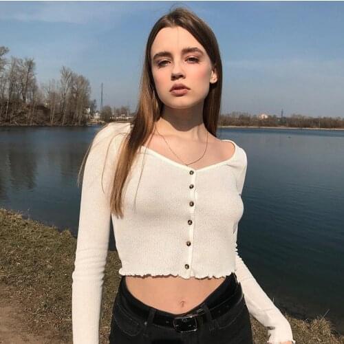 V Neck Knitted Long Sleeve White T-shirts for Women Button Up Basic Crop Tops Tees Casual Cute Autumn Tshirt Outfits
