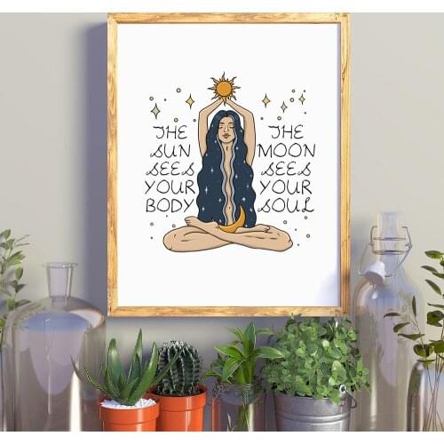Nordic Style Feminine Posters and Prints Female Celestial Wall Art Sun Moon Body Soul Wall Pictures for Living Room Home Decor
