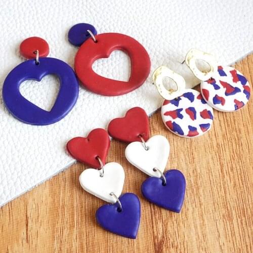 2021 New Fourth of July Flag Red White Blue Heart Independence Day Polymer Clay Stud Earrings for Women