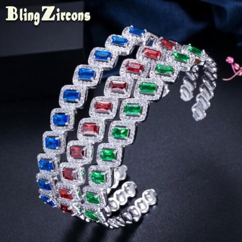 BeaQueen Trendy Green Blue Red Square Cubic Zircon Stone Circle Resizable Open Cuff Bangles Party Jewelry for Women B160