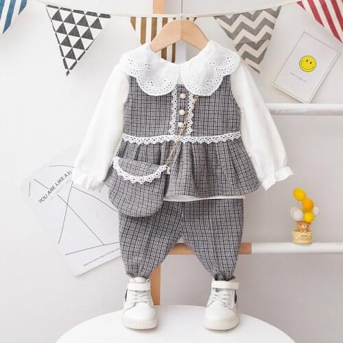 0-5 years old Autumn New Girls Sweet lace Lapel long sleeve suit fashion childrens cotton T-shirt lattice vest three piece set