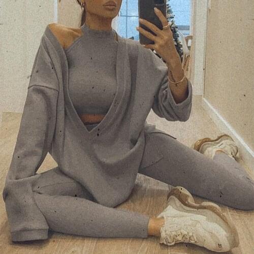 Tossy V-neck Loose Harajuku Gray Pullover Women Long-sleeved Shirt And Turtleneck Tank Top 2 Pieces Set Sexy Knitted Sweaters