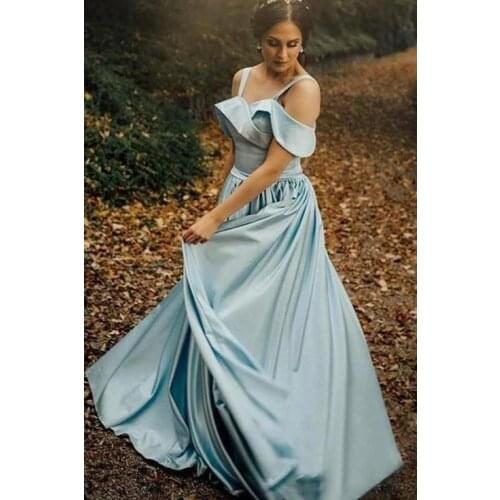 2021 Light Blue Long Satin Cold Shoulder Prom Dresses Corset Back Ball Gown Formal Evening Party Gowns Robe De Soiree