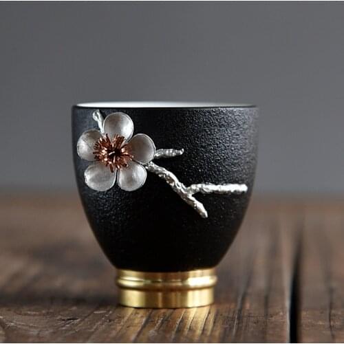 White Porcelain Copper Feet Silver Inlay Kung Fu Master Cup Ceramic Hand-Painted Teacup Office Small Tea Bowl Home Drinkware