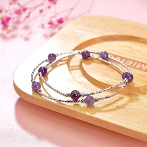 2row 6mm Natural Stone Purple Crystal Amethysts Fashion Beaded Bracelet Bangle Girl Yoga Hologram Jewelry Chain 14inch Y992