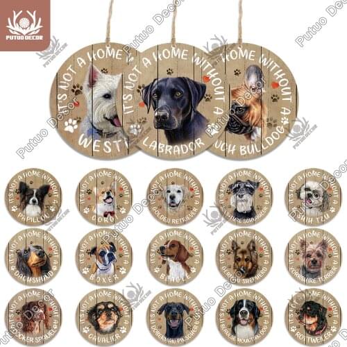 Putuo Decor Dog Round Wooden Signs Lovely Friendship Pet Dog Pendant Tag for Dog House Kennel Door Decoration Dog Lover Gift
