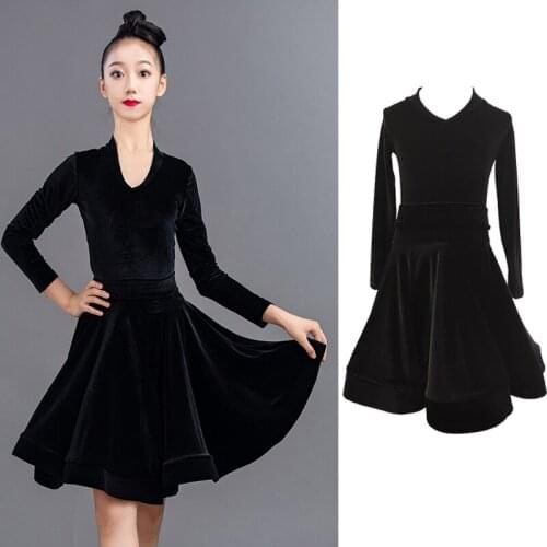 Kids dresses for girls long sleeve latin dance dress velvet ballroom dance competition party stage performance practice costumes