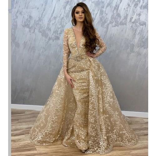Dubai Muslim Evening Dresses Mermaid V-neck Long Sleeves Appliques Beaded Saudi Arabia Long Prom Dress Gown Robe De Soiree