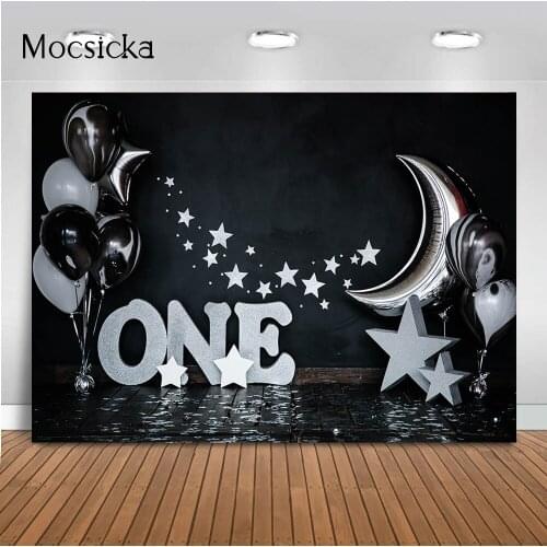 Twinkle twinkle little star and moon background Black birthday 1st birthday newborn child cake smash backdrop for photography