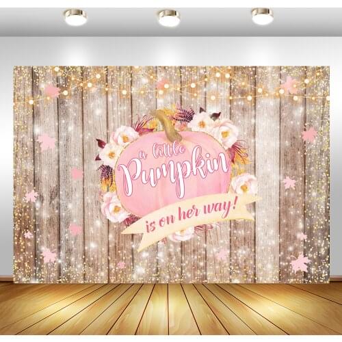 Pink Pumpkin Baby Shower Background For Photography Mmaple Leaves Glitter Backdrop Rustic Wood Dessert Table Decorations Props