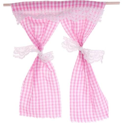 Dollhouse Miniatures Cute Lattice and Lace Pink Cotton Curtain for 1/12 Scale Dolls House Bedroom Furniture Decor Acc 3Colors