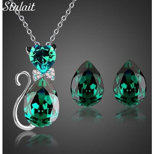 Fashion Gold Color Austrian Crystal Cat Catty Pendant Necklace Earrings Wedding Bridal Jewelry Sets 84575