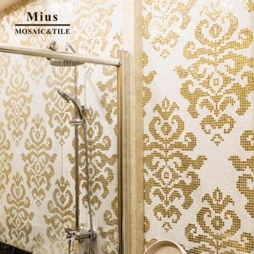 Royal gold and white glass mosaic tiles puzzle European wallpaper continuous pattern for Living room decoration