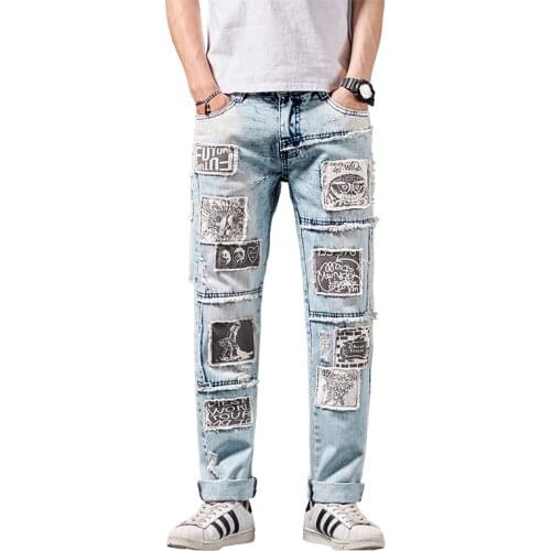New Mens Male Patch Design Patchwork Ripped Denim Jeans Owl Pattern Printed Slim Straight Pants Vintage Trousers 1946