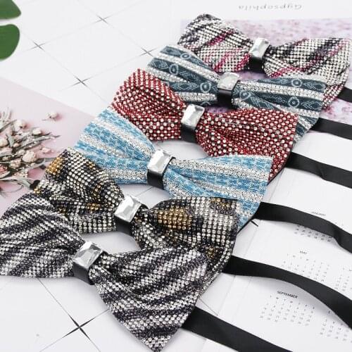 Diamond Striped Pu Plaied Bow Tie Men For Rhinestone Collar Men Bowtie Crystal Chaton Super Cool Luxury Diamond Wedding Bow ties