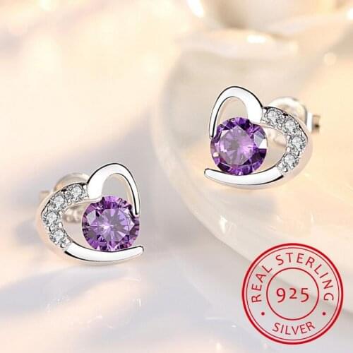 New Small White Purple Crystal Earring for Girl Children Lovely Heart Shaped Mosaic CZ Zirconia Earrings Party Birthday Jewelry