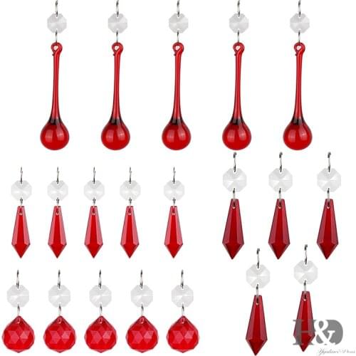 H&D Red Crystal Icicle Pendant Chandelier Ball Prisms Drops Lamp Candle Holders Curtain DIY Parts Home Wedding Decor,Pack of 20