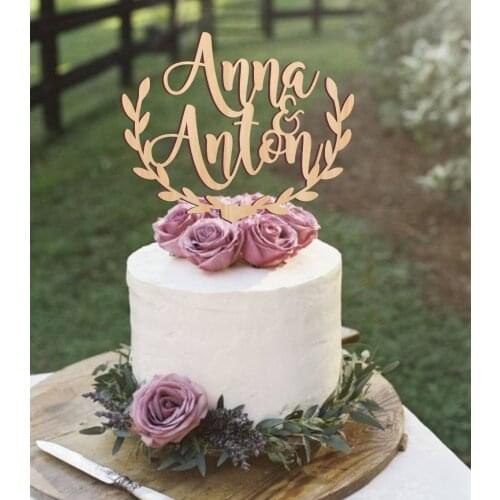 Personalized rustic wedding cake topper, , wooden cake topper with names , leaf border topper