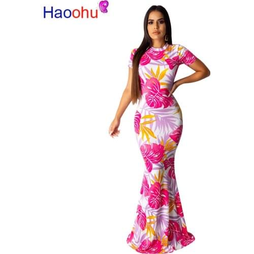 Women Floral Printed Short Sleeve O-neck Bodycon Maxi Dress Streetwear Sheath Floor-Length Summer Vestido Pencil Dresses Urban