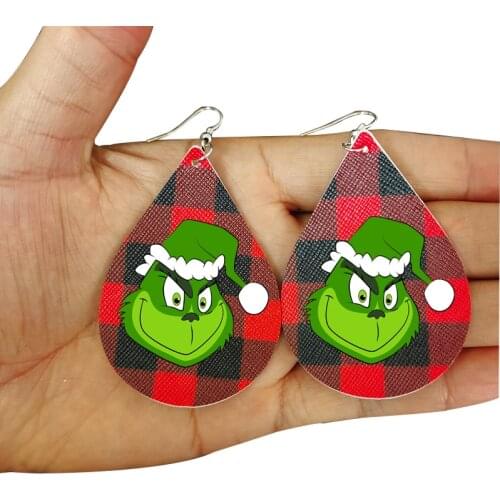 Grinch Santa Christmas Earrings Black Red Buffalo Plaid Pattern Leaf