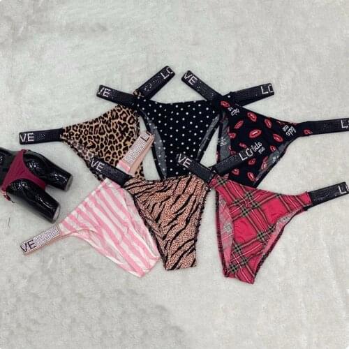 Sexy Leopard Thongs Rhinestones Letter Underwear Diamonds G-string Low Waist Women Briefs Shorts T-back Fitness Triangle Panties