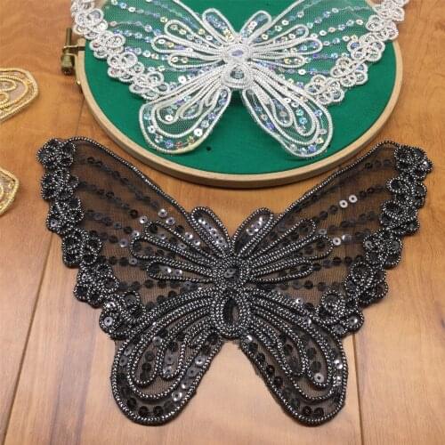 Silver Sequined Butterfly Alencon Corded Sew On Patches Neckline Collar Mesh Embroidery DIY Jacket Back Lace Patch Flower