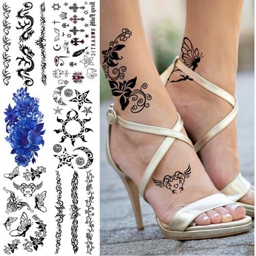 Sexy Elf Temporary Tattoos For Women Men Realistic Indian Sun Star Moon Dragon Flower Tattoo Sticker Foot Arm Small Tatoos Paste