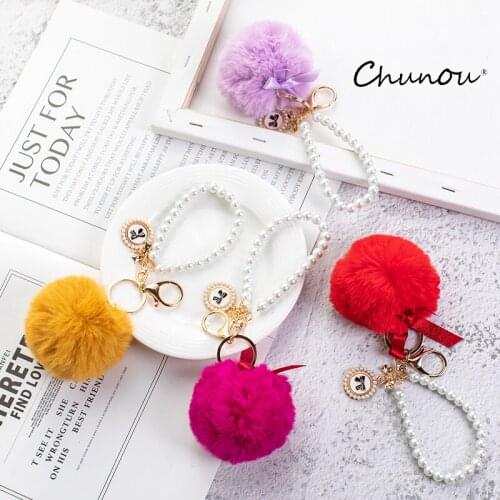 Korea Creative Cute Plush Keychain Female Fashion Rex Rabbit Fur Ball Car Key Chains Ladies Bag Accessories Punk Style Pendan