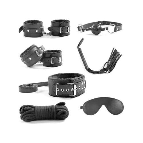 Adult Game 7 pcs BDSM Bondage Restraints Set Kit Ball Gag Cuff Whip Collar Fetish Sex Toy Sets Leather Bondage Collar