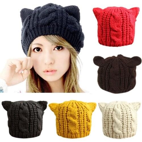 Women Lady Girls Winter Warm Knitting Wool Cat Ear Beanie Ski Hat Cap