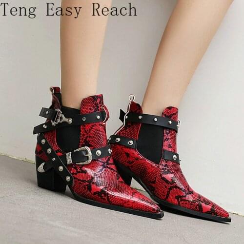 2021 Women Snake Print Motorcycle Boots Fashion Slip on Thick Heel Ankle Boots Ladies Pointed Toe Autumn Winter Short Boots