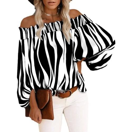 2021 Office Ladies Pullovers Summer Autumn New Loose Off-Shoulder Striped Printed T-Shirts Sexy Fashion Women Tops Streetwear